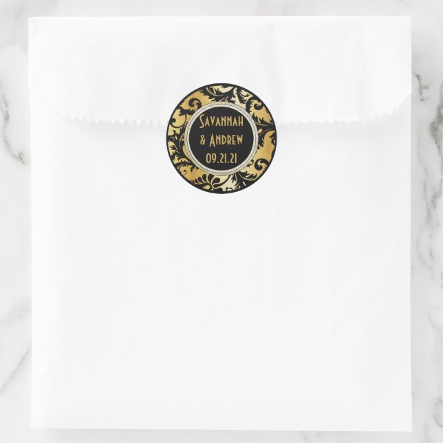Autocollant de mariage en damas noir et or (Sac)