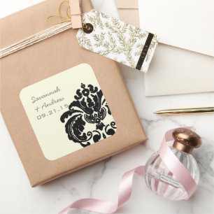 Autocollant de mariage en damas noir vintage
