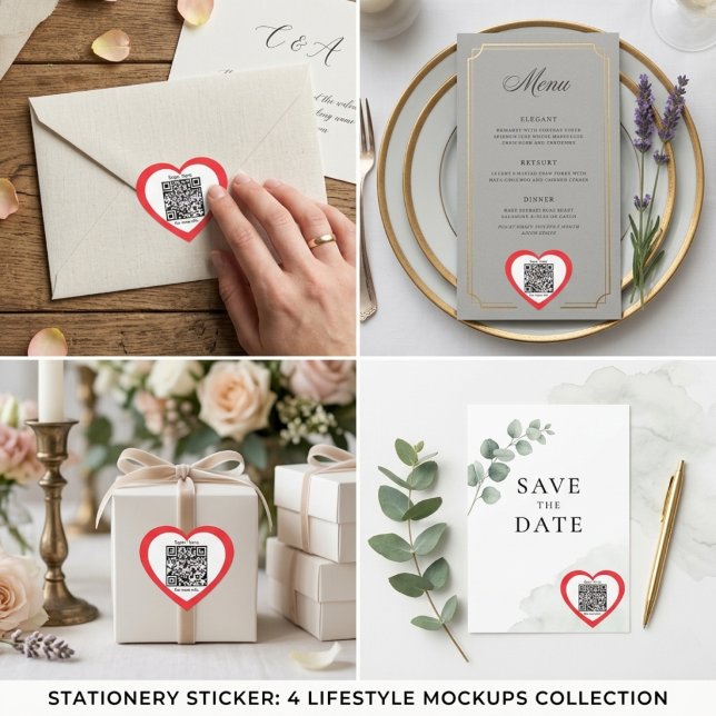 Autocollant de mariage en forme de cœur rouge avec (Custom QR Code Red Heart Shaped Wedding Sticker)