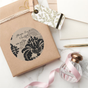 Autocollant de mariage en papier brun damassé noir