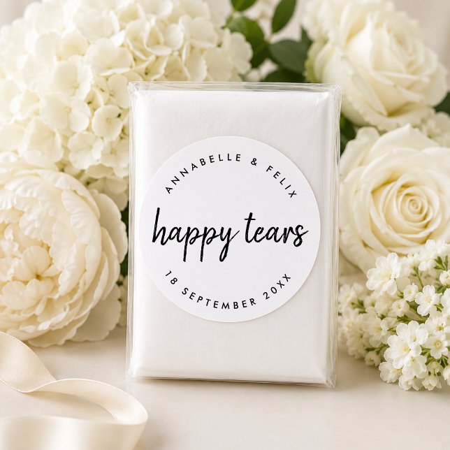 Autocollant de mariage | Étiquette de mouchoir de  (Personalized happy tears tissue packet sticker for ceremony seats and wedding guests.)