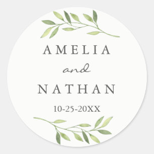 Autocollant de mariage feuille verte aquarelle