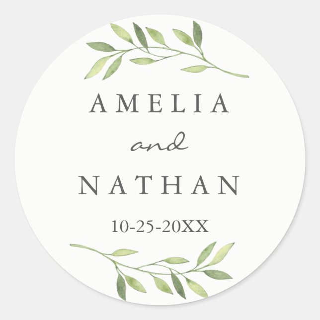 Autocollant de mariage feuille verte aquarelle (Devant)