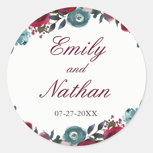 Autocollant de mariage floral aquarelle rouge Bour (Devant)