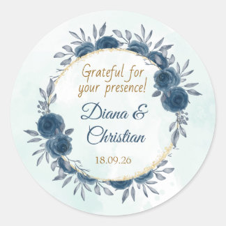Autocollant de mariage floral bleu or élégant cerc