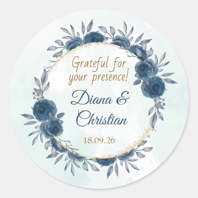 Autocollant de mariage floral bleu or élégant cerc (Devant)
