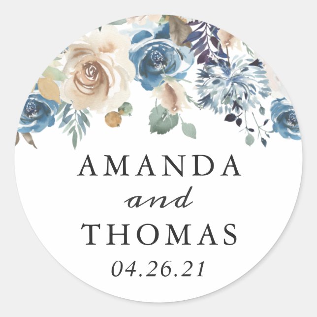 Autocollant de mariage floral boho bleu poussiéreu (Devant)