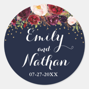 Autocollant de mariage floral bordeaux Navy or aut