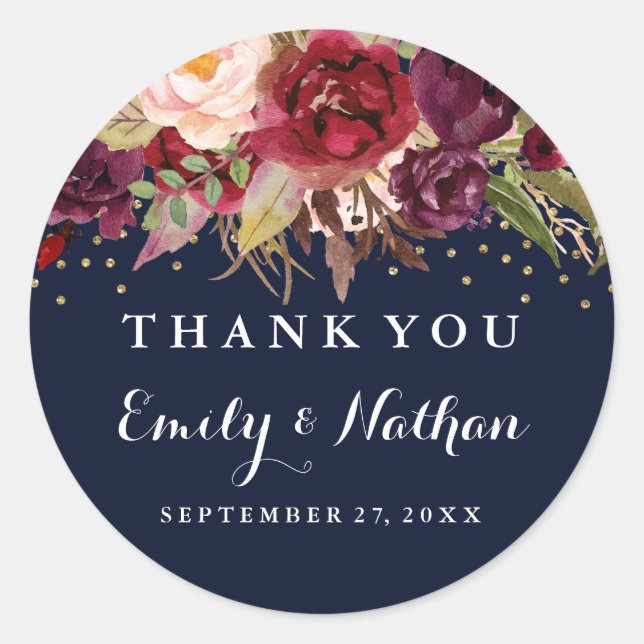 Autocollant de mariage floral confetti Navy Or Bou (Devant)