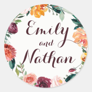 Autocollant de mariage floral or Bourgogne