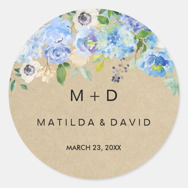 Autocollant de mariage floral rustique bleu (Devant)