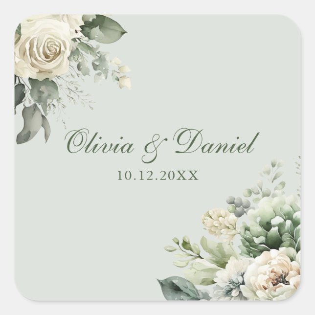 Autocollant de mariage floral vert sauge doux (Devant)