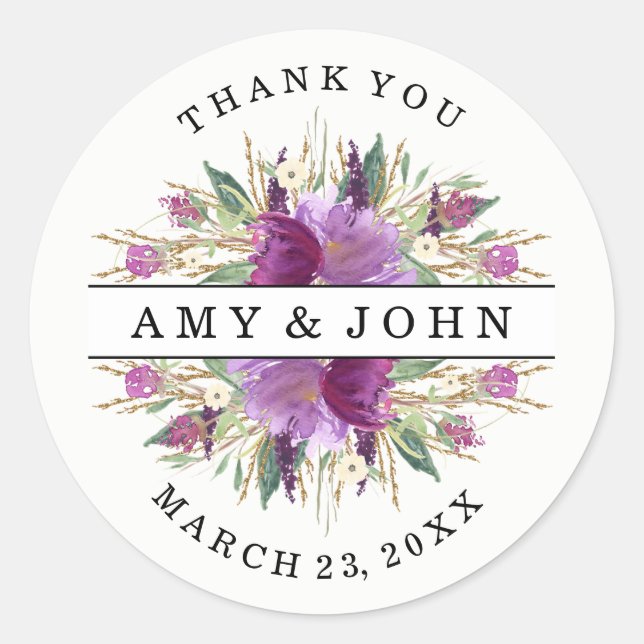 Autocollant de mariage floral violet aquarelle mod (Devant)