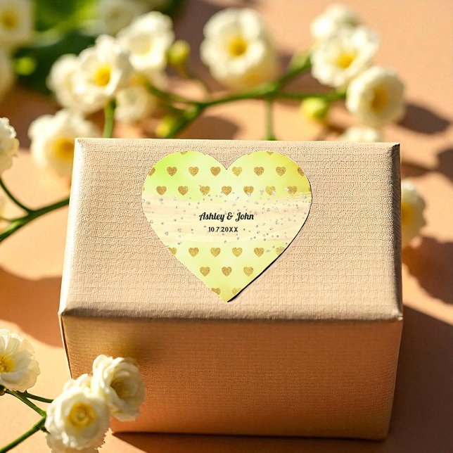 Autocollant de mariage jaune anniversaire coeurs o (Créateur téléchargé)