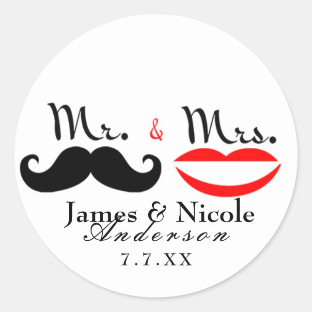 Autocollant de mariage lèvres moustache rétro M. & (Devant)