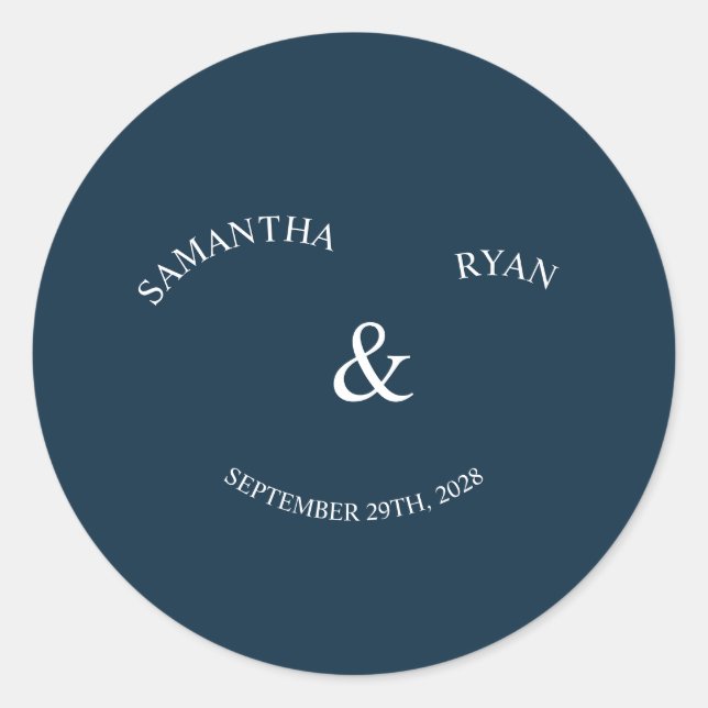 Autocollant de mariage rond Navy avec noms circula (Devant)