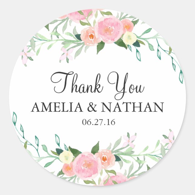 Autocollant de mariage rose pêche aquarelle douce (Devant)
