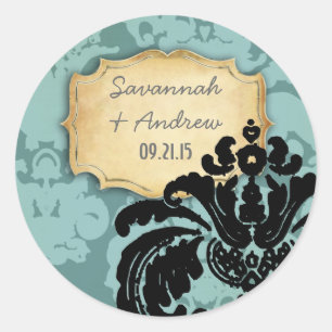 Autocollant de mariage sarcelle et or en damas noi