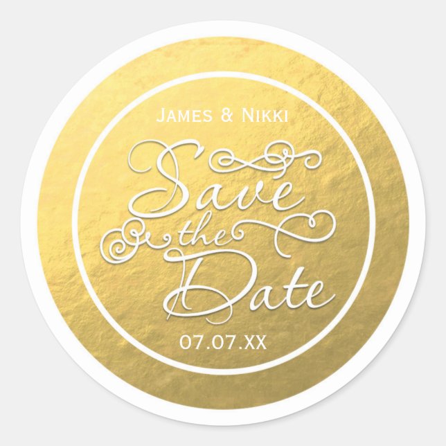 Autocollant de mariage SAVE THE DATE feuille dorée (Devant)