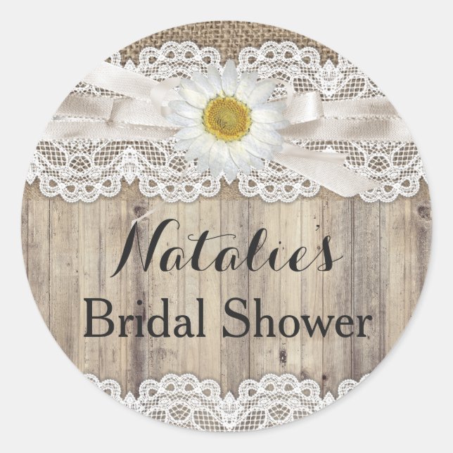 Autocollant de mariage Vintage Burlap Lace & Daisy (Devant)