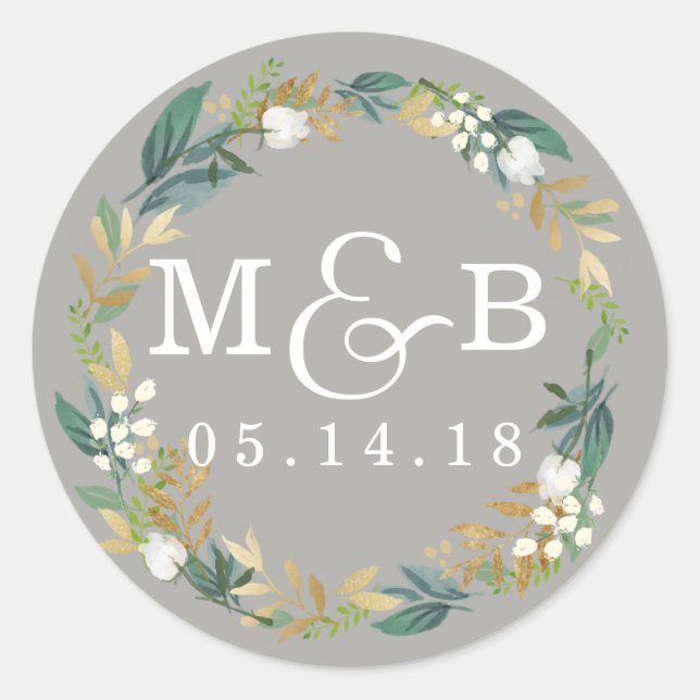 Autocollant de monogramme de mariage à couronne fl (Devant)