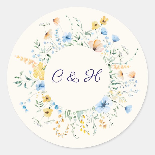 Autocollant de monogramme de mariage botanique ble (Devant)