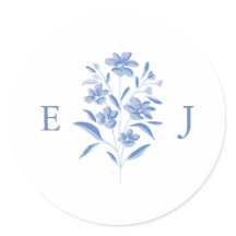 Autocollant de monogramme de mariage floral bleu e