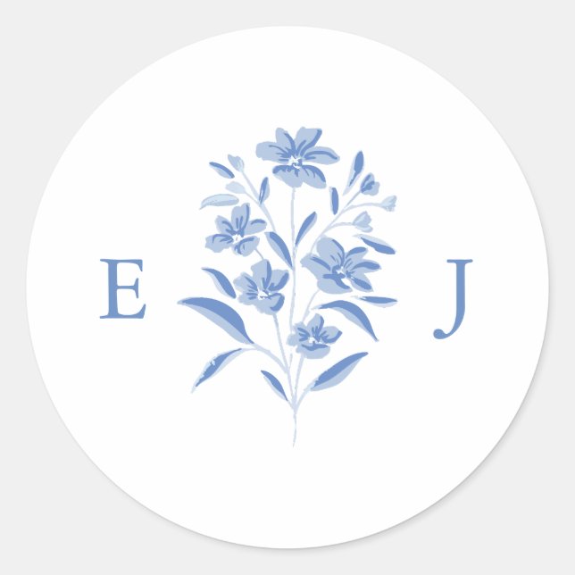 Autocollant de monogramme de mariage floral bleu e (Devant)