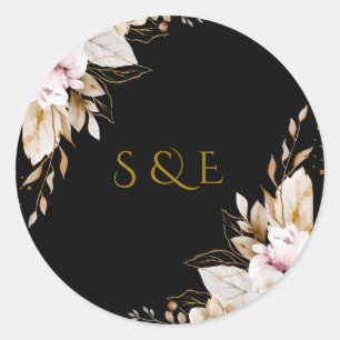 Autocollant de monogramme de mariage floral noir é