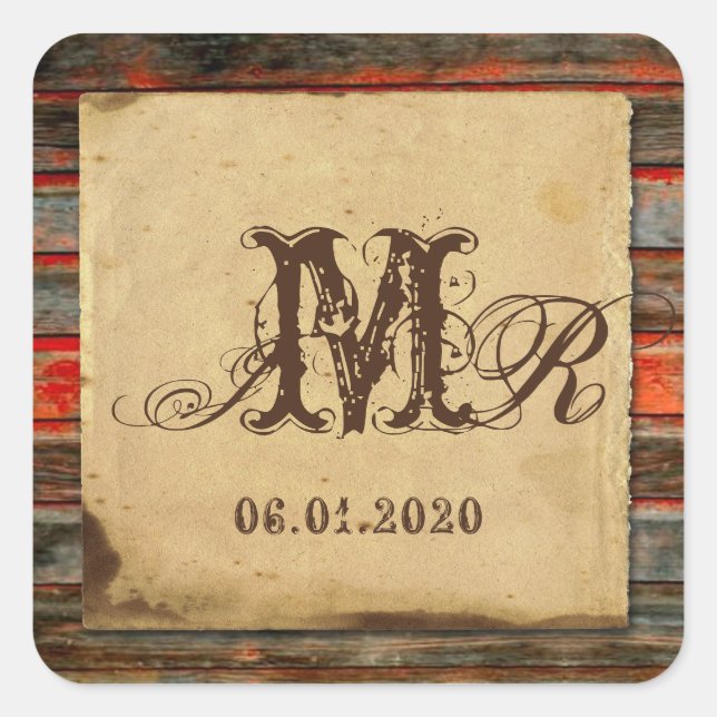 Autocollant de monogramme en bois rustique (Devant)
