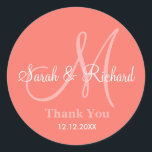 Autocollant de monogramme Mariage de Merci de cora<br><div class="desc">Stickers initiaux avec nom de mariée et mariée, date du mariage et un message de remerciement à l'express de votre gratitude le jour de votre mariage ou toute occasion spéciale. .Ce sticker mariage monogramme est en couleur corail.Plus de couleurs sont disponibles pour votre choix. Vous pouvez également customiser la couleur...</div>