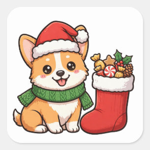 Autocollant de Noël chiot Corgi Santa