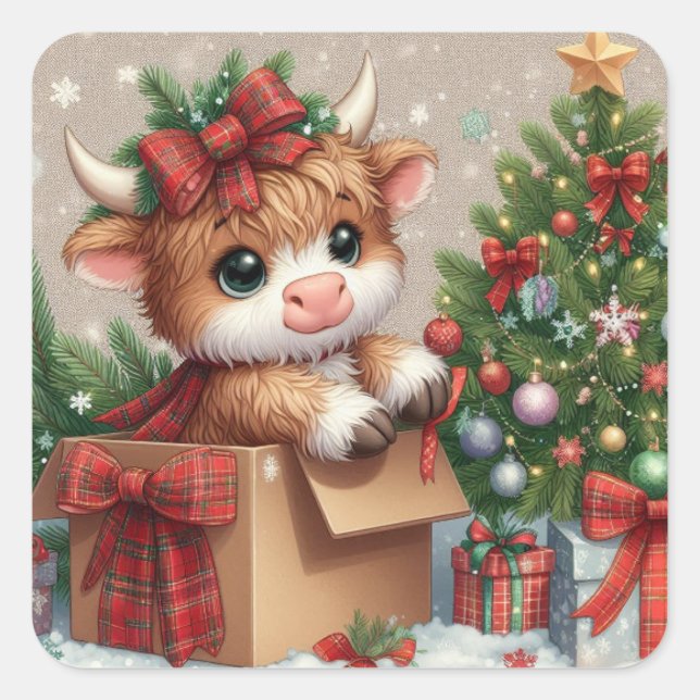 Autocollant de Noël de vache des Highlands mignon (Devant)