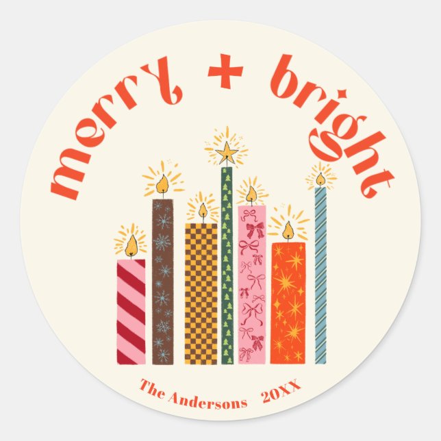 Autocollant de Noël Merry + Bright illustré à la m (Devant)