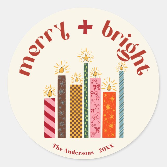 Autocollant de Noël Merry + Bright illustré à la m (Devant)