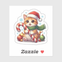 Autocollant de Noël mignon avec chat et canne à su