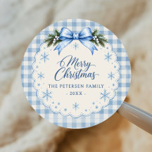 Autocollant de Noël Ourson Gingham à Ruban Bleu