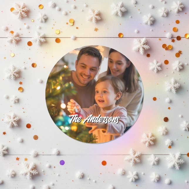 Autocollant de Noël personnalisé avec photo de fam (Personalized Christmas Holiday Custom Family Photo Classic Round Sticker)