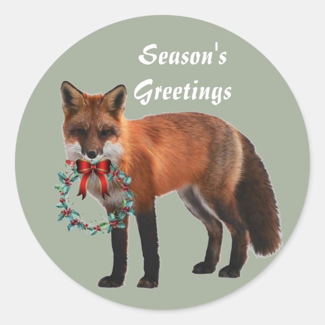 Autocollant de Noël Rond Renard Rustique, Brillant (Devant)