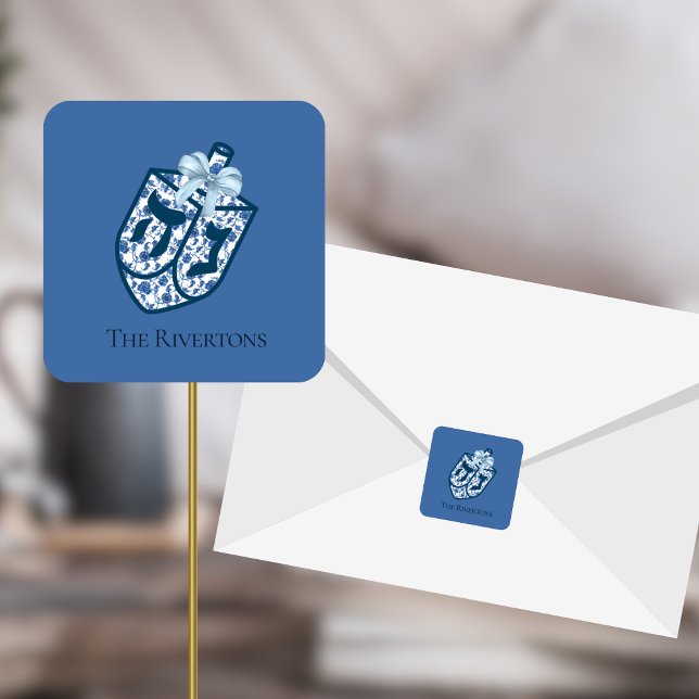 Autocollant de nom de chinoiserie de dreidel bleu  (Créateur téléchargé)