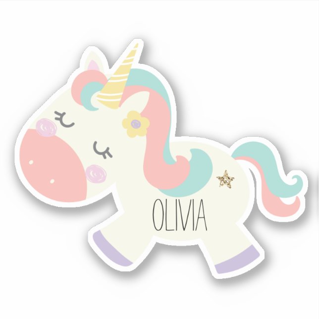 Autocollant de nom de licorne pastel (Devant)