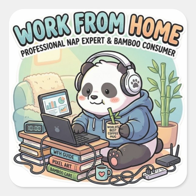 Autocollant de panda mignon travaillant depuis la  (Devant)