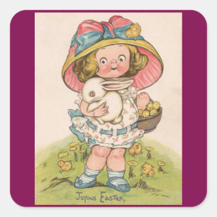 Autocollant de Pâques Fille Vintage avec Lapin