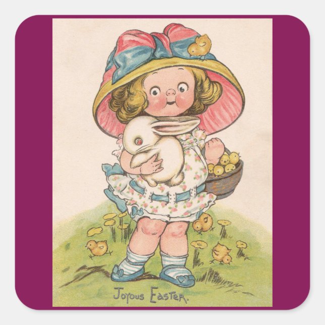 Autocollant de Pâques Fille Vintage avec Lapin (Devant)