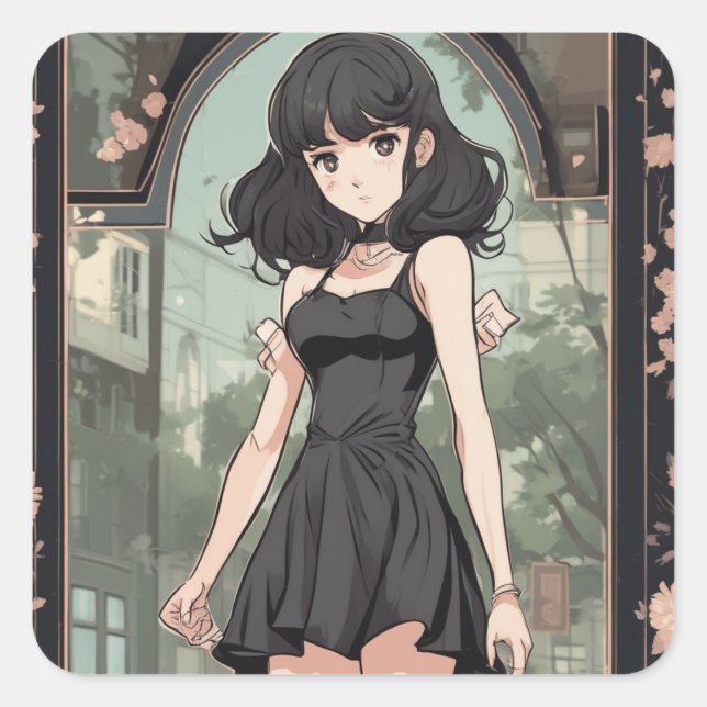 Autocollant de petite robe noire d'inspiration ani (Devant)