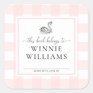Autocollant de plaque de livre Cygne Gingham Rose