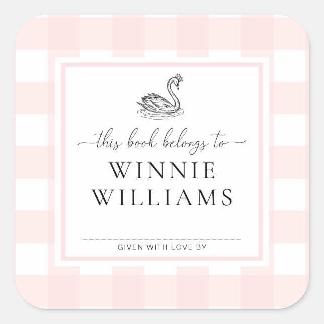 Autocollant de plaque de livre Cygne Gingham Rose (Devant)