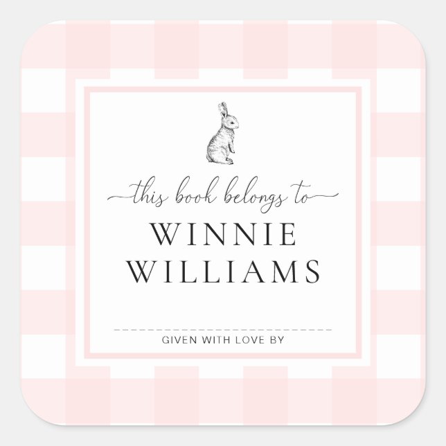 Autocollant de plaque de livre Lapin Gingham Rose (Devant)