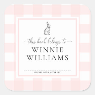 Autocollant de plaque de livre Lapin Gingham Rose
