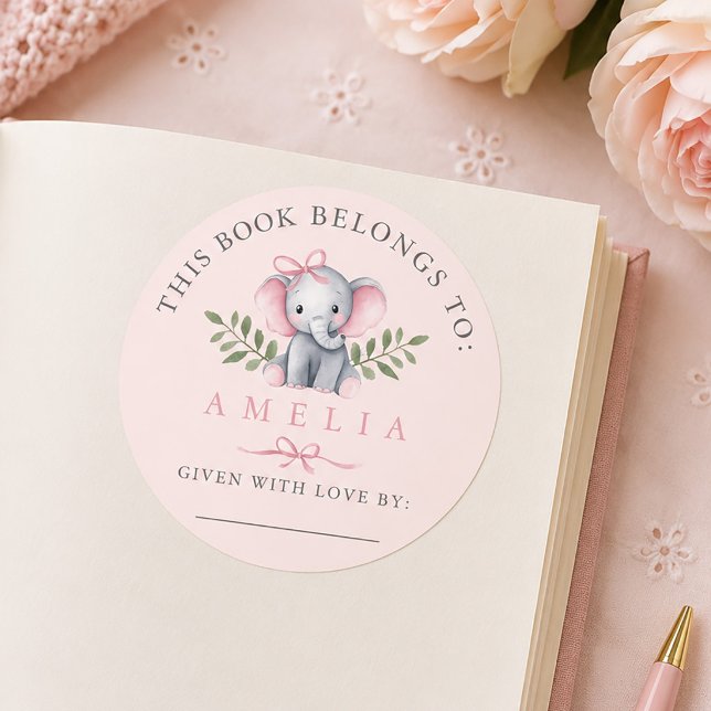 Autocollant de plaque de livre pour bébé éléphant  (Elephant Blush Pink Baby Bookplate Sticker)